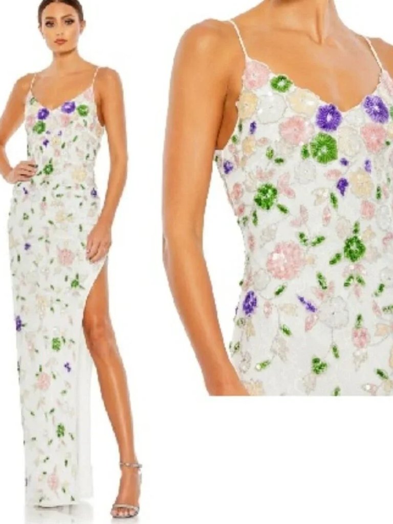 Nwt Mac Duggal 10893 Floral Sequined High Slit Sleeveless Gown Size 4